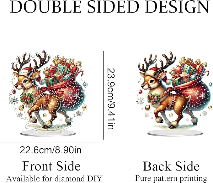 JJFox DIY Tabletop Diamond Art Painting Kit，Desktop Ornament Special Shaped Rhinestone Desk Placement Ornament，Home Stand Up Gem Painting Craft Kit Gift Double Sided (Christmas Deer)