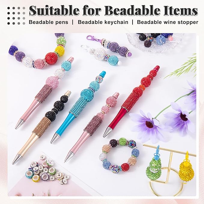 182 Pcs Beads for Pens, Beadable Pen Beads, 12/16/20mm Rhinestone Bead with Spacer Bead for Bracelet Necklace Earring Jewelry Pen Making