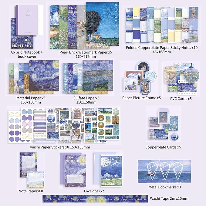 LCLAIDYDY Scrapbooking Supplies Kit,Vintage Van Gogh Oil Painting Aesthetic Scrapbook Kit,Bullet Junk Journal,A6 Grid Notebook,Journaling DIY Craft Gift for Teen Girl Women