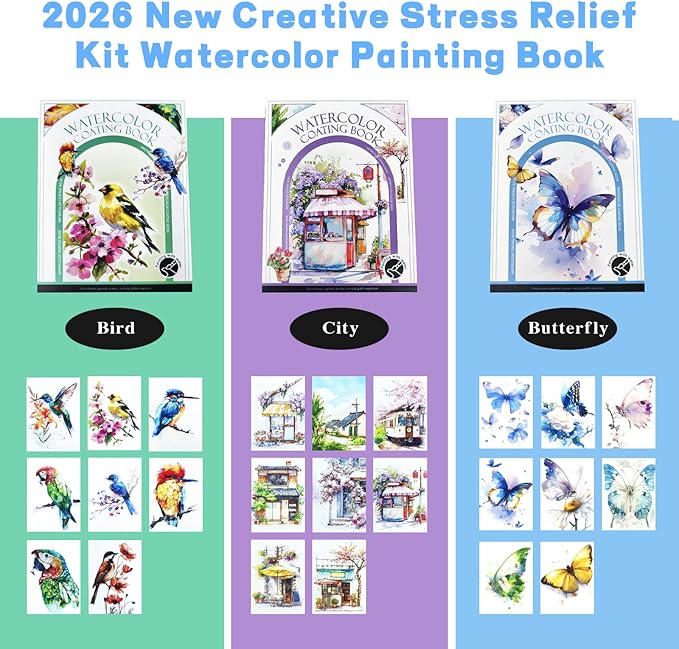 2026 New Creative Stress Relief Kit Watercolor Painting Book,3-Fold Water Color Pad,Mini Watercolor Workbook Travel Set for Beginners and Enthusiasts (Butterfly)