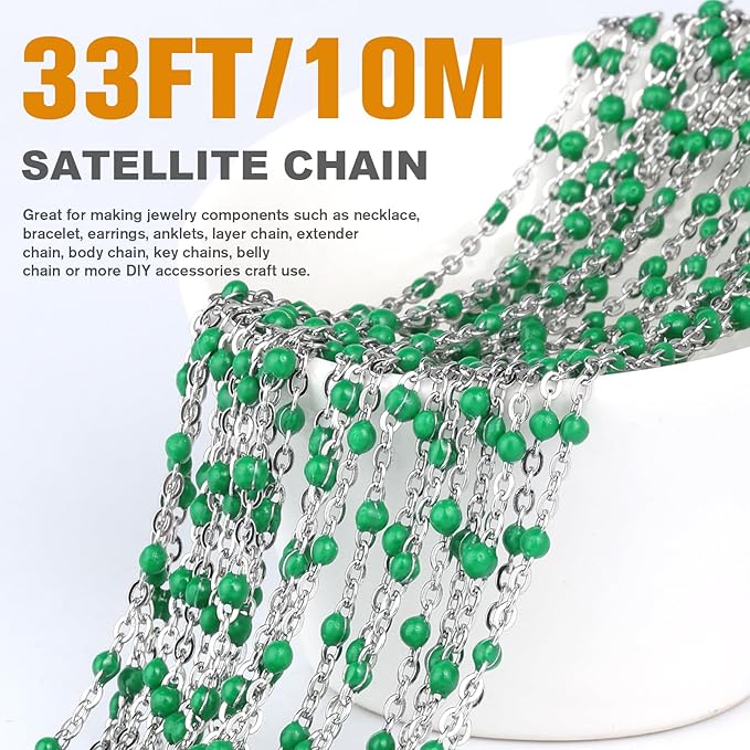 33 Feet Stainless Steel Enamel Chains Bulk, 2mm 304 Stainless Steel Green Enamel Beaded Cable Link Chain Roll Spool for Jewelry Making
