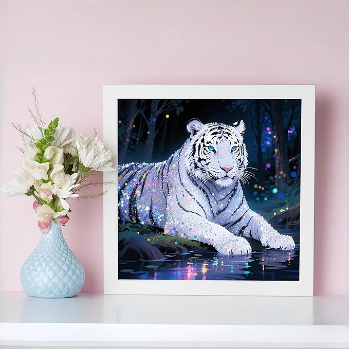 Diamond Art Kits for Adults White Tiger, DIY 5D Diamond Painting Kit for Beginners, Animal Full Round Drill Gem Art Dots for Adults, Diamond Dots Paintings Crafts Home Wall Decor 14X14 Inch