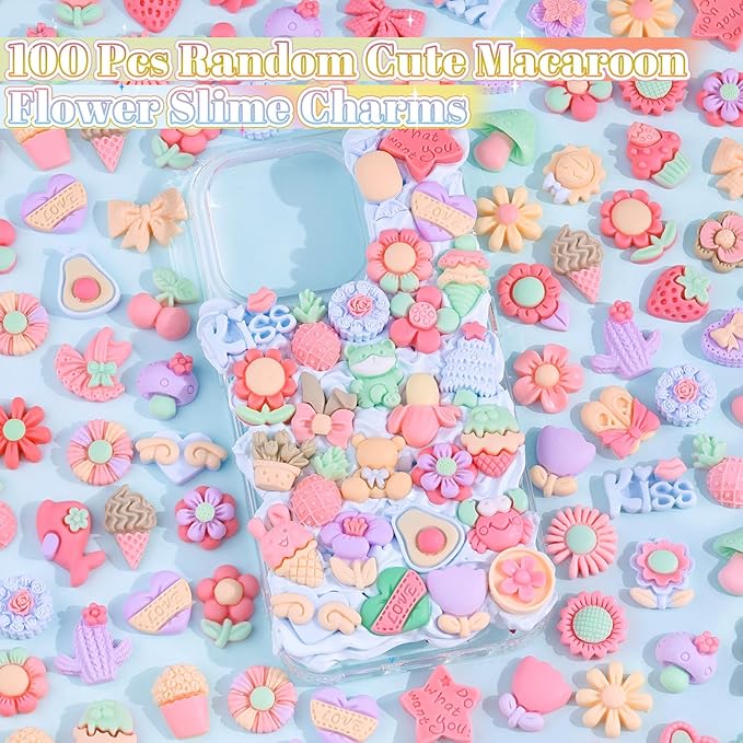 100PCS Macaroon Flower Slime Charms Cute Flatback Resin Charms for Slime, Kawaii Random Decoden Charm for Embellishments Phone Junk Case Charms Bulk,Hairpins Scrapbooking Crafting DIY Decor