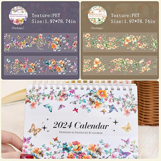6Rolls Floral Washi Tape Set PET 50mm Wide Washi Sticker for Junk Journaling Stickers Scrapbook Stickers Vintage Washi Tapes Scrapbooking Supplies Decorative Tape for Crafts, 6.6ft Long
