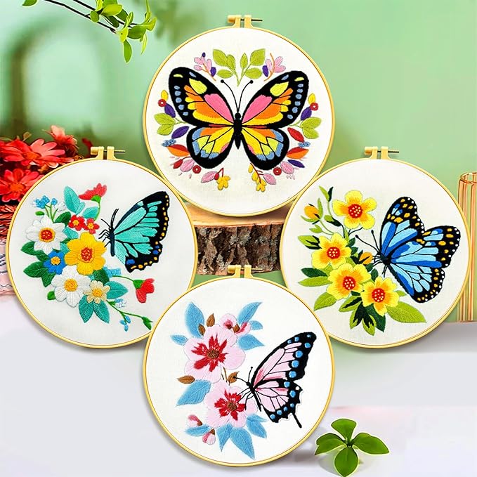 Zhenqing Butterfly Embroidery Kit 11.4x11.4 Inch - Complete Embroidery Set with Fabric, Threads, Needles & Hoop - Beginner-Friendly DIY Craft Kit for Adults (C0041)