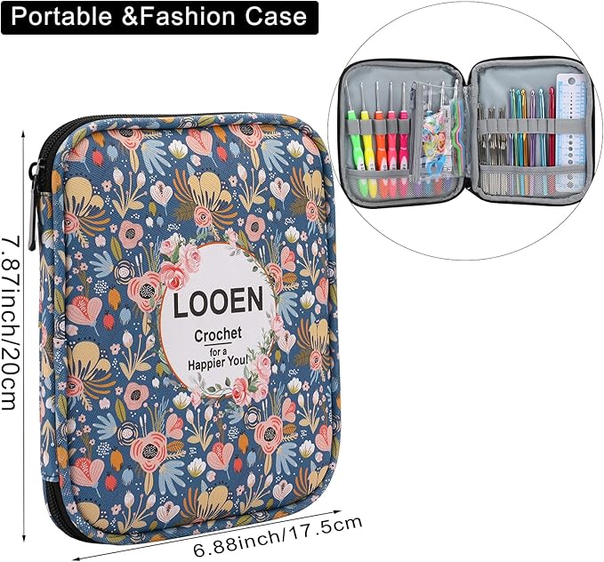 Looen Crochet Hooks Set-Yarn Needles Coloured Aluminum with Storage Case Rubbery Handle Ergonomic Comfort Grip DIY Craft Handmake Kit 64pcs