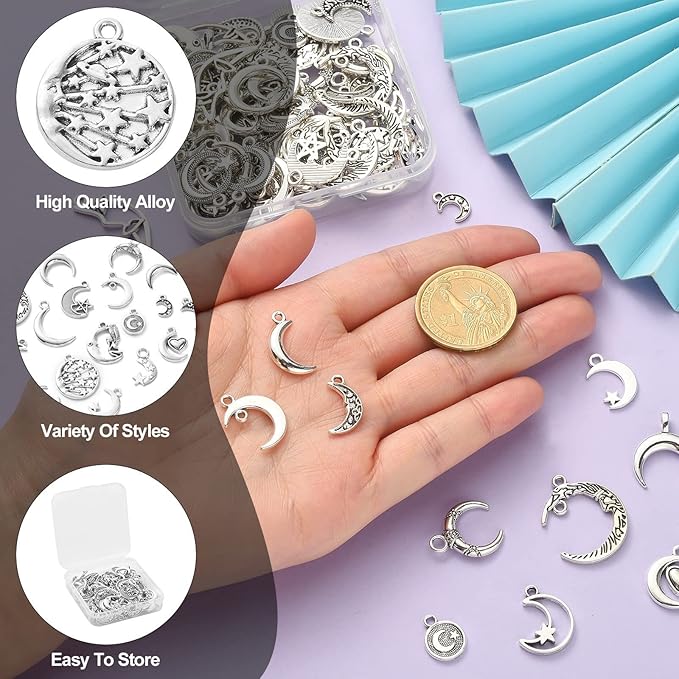 DanLingJewelry 100Pcs Mixed Styles Antique Silver Moon Charms Tibetan Moon and Star Charms for Crafting Jewelry Findings Making