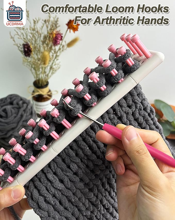 UCDRMA Knitting Loom Hook Refill Set, 8PCS Longer Stainless Steel Loom Knitting Hook (6in) with Comfortable Grip, Macaron-Colored Loom Crochet Hooks Kit & 16 Sewing Needles, Nice Crochet Loom Tools