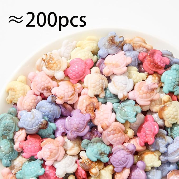 200pcs Acrylic Turtle Beads Ocean Sea Theme Turtle Charms Summer Hawaii Beaded for Jewelry Making Beading Kit Bracelets DIY Supplies (Color Turtle)