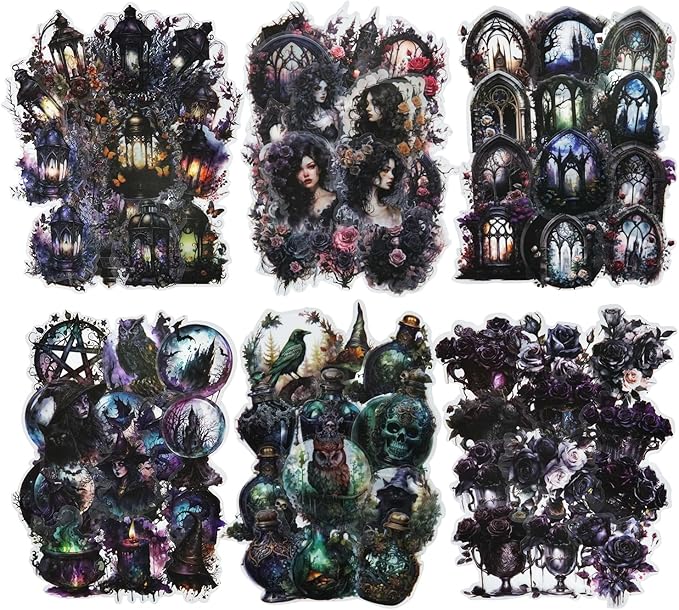 180Pcs Gothic PET Scrapbook Stickers, Dark Aesthetic Designs for Scrapbooking Waterproof Journaling Supplies Junk Journal Ephemera with Storage Organizer