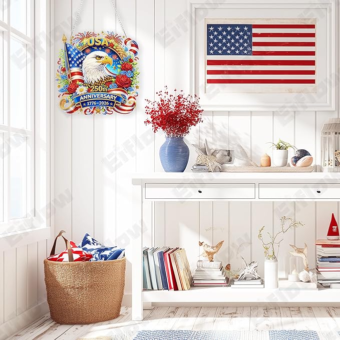 Eiflow Acrylic Diamond Art Hanging Kit for Adults USA Anniversary, DIY Diamonds Painting Door Hanger Board Kit 4th of July, Crystal Patriotic Diamond Art Painting Pendant Ornament (250th Eagle)