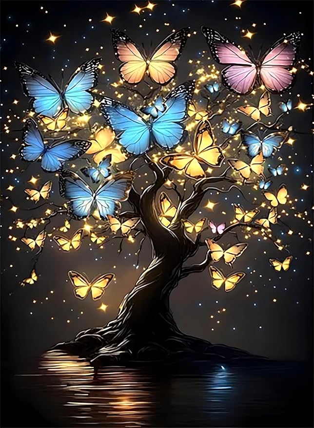 WUDWL Diamond Art Kits for Adults, Butterfly-Tree of Life DIY Modern Diamond Painting Kits 5D Diamond Dots Gem Art Crafts with Tools, Round Full Drill Crafts for Home Wall Decor&Gift-12x16in