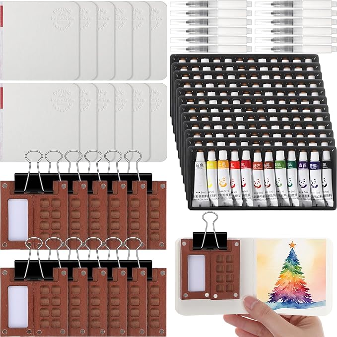 12 Set Mini Watercolor Paint Set Paint Palette Travel Kit Pocket Artist Watercolor Travel Kit with Wooden Grid Palette Box Sketchbook Brush Pens Paints Clips for Beginners Artists Painters