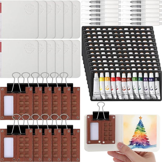 12 Set Mini Watercolor Paint Set Paint Palette Travel Kit Pocket Artist Watercolor Travel Kit with Wooden Grid Palette Box Sketchbook Brush Pens Paints Clips for Beginners Artists Painters