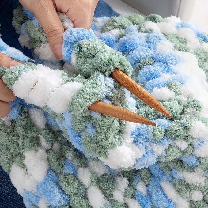 HOMBYS Chunky Tie Dye Mix Chenille Yarn for Hand Knitting, Super Bulky Jumbo Yarn for Crocheting, 3/4" Thick Soft Plush Yarn for Blankets, 8 Skein Pack (26 yds / 7.5 oz Each) Sky Blue,Green,White
