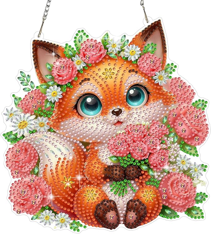 MEIYUDA Fox Diamond Art Hanging Kits for Adult, Flowers Fox Diamond Painting Hanging Kits Ornaments, Animals DIY Special Shaped Rhinestone Window Pendants kit for Home Garden Wall Decor Gift