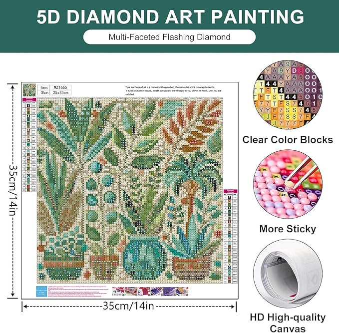 mrpwnle Diamond Art Kits for Adults, Potted Plant Diamond Painting Kits for Adults Beginners, 5D Diamonds Art Painting, DIY Full Round Drill Gem Art Kit, Gift Home Wall Decor 13.8 X 13.8Inch