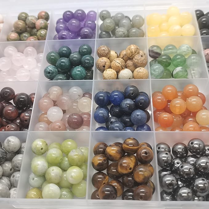 480pcs Natural Round Stone Beads Genuine Real Stones Beading Loose Gemstone DIY for Bracelet Necklace Earrings Jewelry Making (8mm-24 Color S2, 8mm)