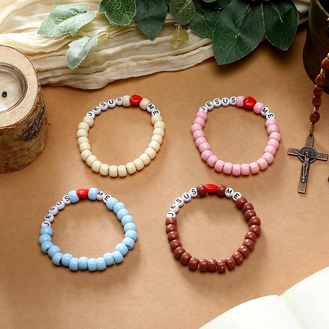Ferreve 35 Sets Easter Boho Religious Bead Wristband Craft Kit Jesus Love Me Faith DIY Bead Craft Kit Love Letter Charms for VBS Week Sunday School Christian Bible Verse Gifts Making