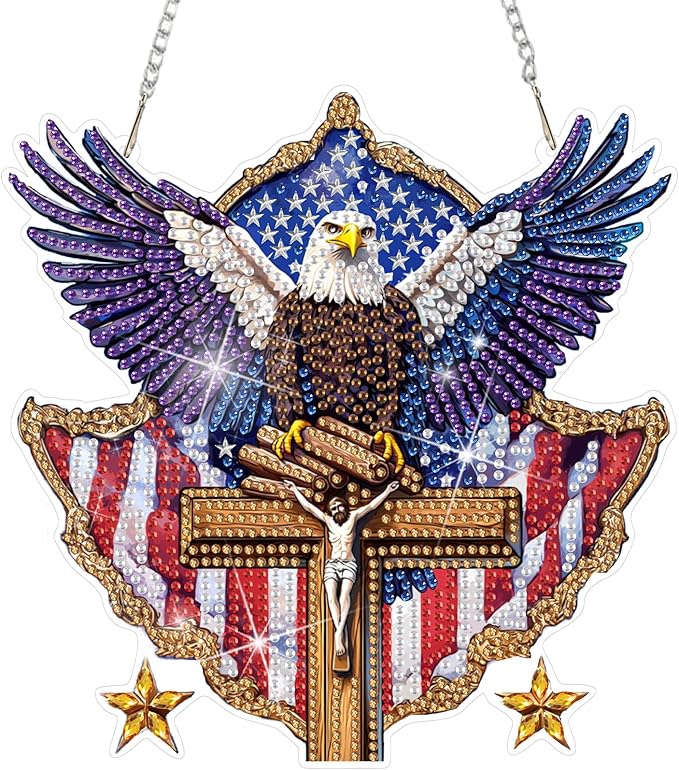 DOMROM 4TH of July Diamond Art Hanging Kit for Adult, Eagle Diamond Art Hanging Kit, Patriotic DIY Diamond Art, Independence Day Diamond Hanging Pendant, Window Pendants Garden Wall Hanging Ornament