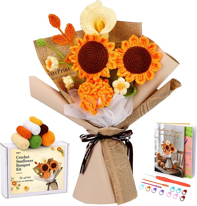 Kogyxe Crochet Kit for Beginners, Crochet Flower Bouquet with Step-by-Step Video Tutorials, Adults Crafts Kits Including Materials Such as Floral Wire, Newspaper for Commemorative Gift