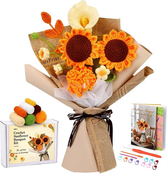 Kogyxe Crochet Kit for Beginners, Crochet Flower Bouquet with Step-by-Step Video Tutorials, Adults Crafts Kits Including Materials Such as Floral Wire, Newspaper for Commemorative Gift