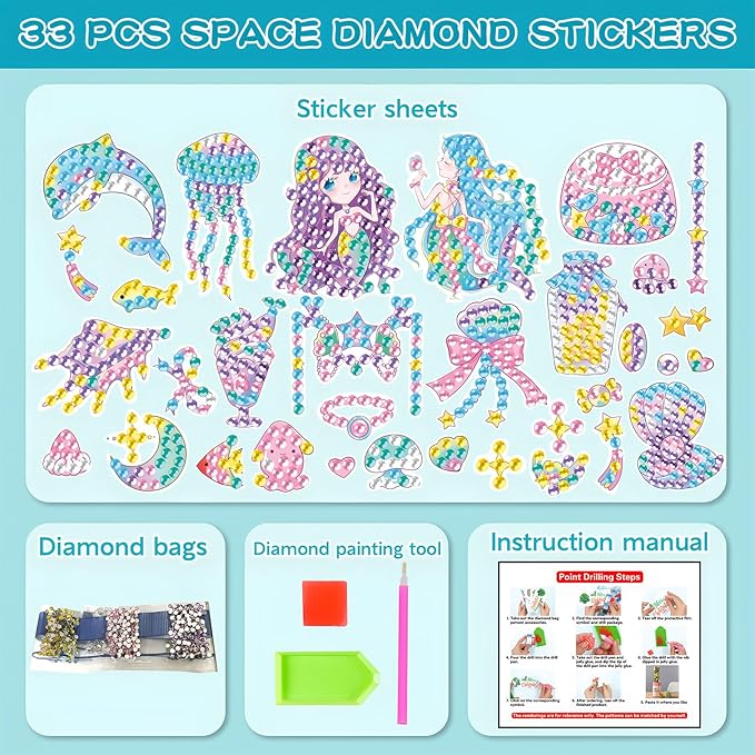 Viicoor 33 PCS Mermaid Diamond Painting Sticker Kit Summer DIY Art Craft for Girls (Mermaid-33P)