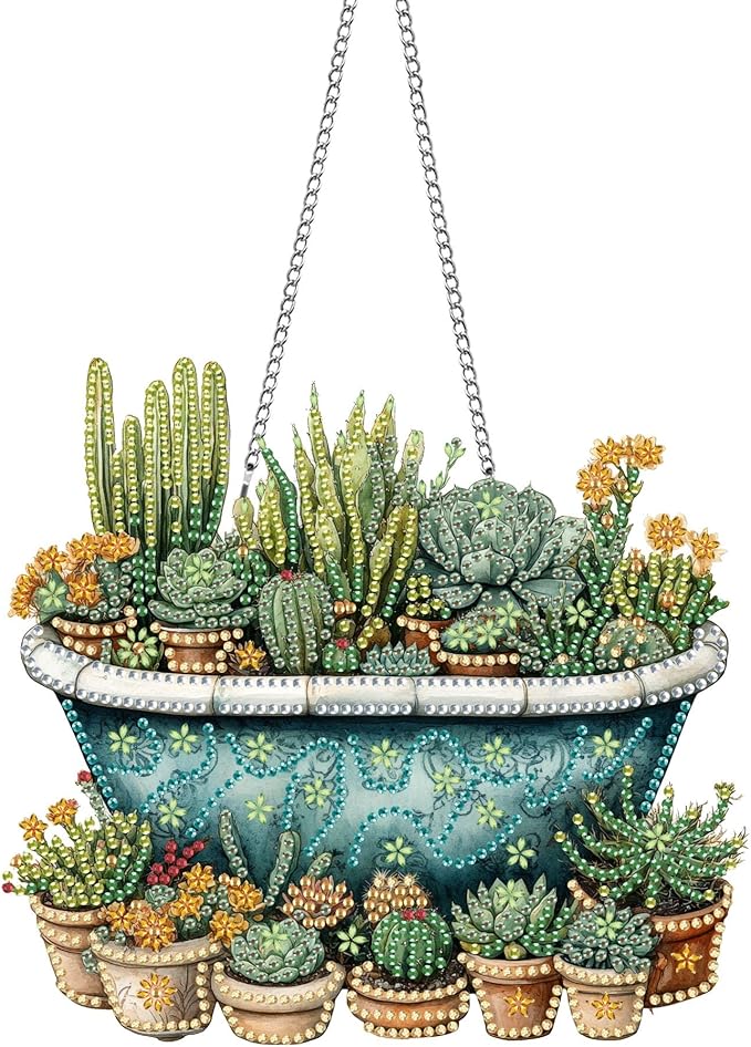 Pavemlo Hanging Diamond Art Kits for Adults Cactus – 8x8 Inch Double-Sided Acrylic Board DIY Crystal Diamond Suncatcher Pendant, Sparkling Home Wall or Window Decoration Handmade Gift