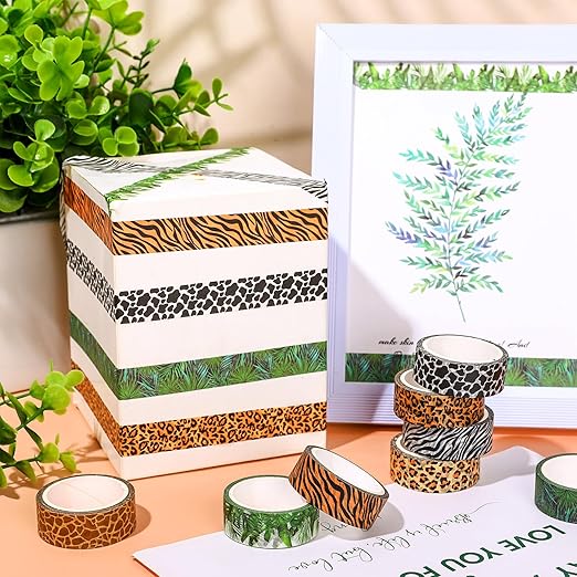 Whaline 8 Rolls Animal Prints Washi Tape Safari Decorative Masking Tape Set Leopard Zebra Tiger Giraffe Greenery Wrapping Paper Tape for Scrapbook Journal DIY Art Crafts