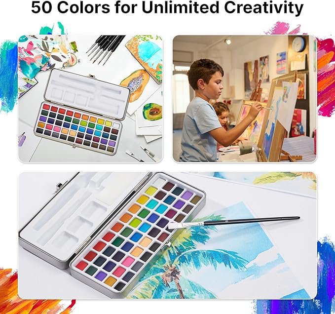 Watercolor Paint Set of 50 Colors - Washable Painting Kit with 7 Brushes, Water Brush Pen, Palette & Carrying Case - Portable Art Supplies for Kids & Adults - Non-Toxic Travel Watercolor Kit
