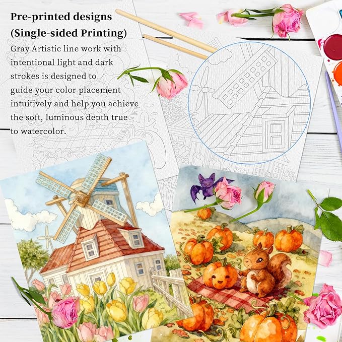 Kalysky 8.5 * 11" Watercolor Workbook,3 Watercolor Coloring Books for Adults, Beginner-Friendly Water Color Books,160GSM Cold Press Textured Thick Paper