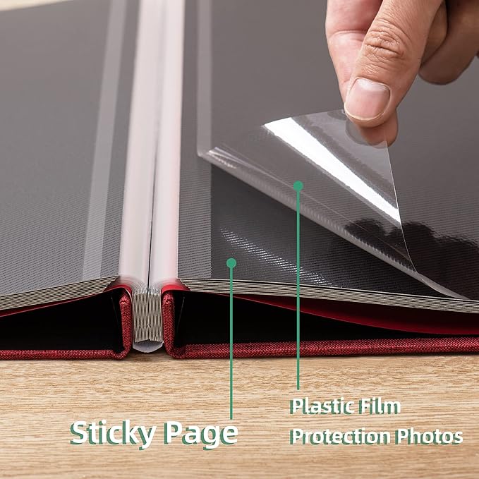Photo Album Self Adhesive Scrapbook 3x5 4x6 5x7 6x8 Magnetic Album DIY Scrap Book 11x10.6 Inch 40 Black Sticky Pages Linen Cover DIY Photo Album(Red)