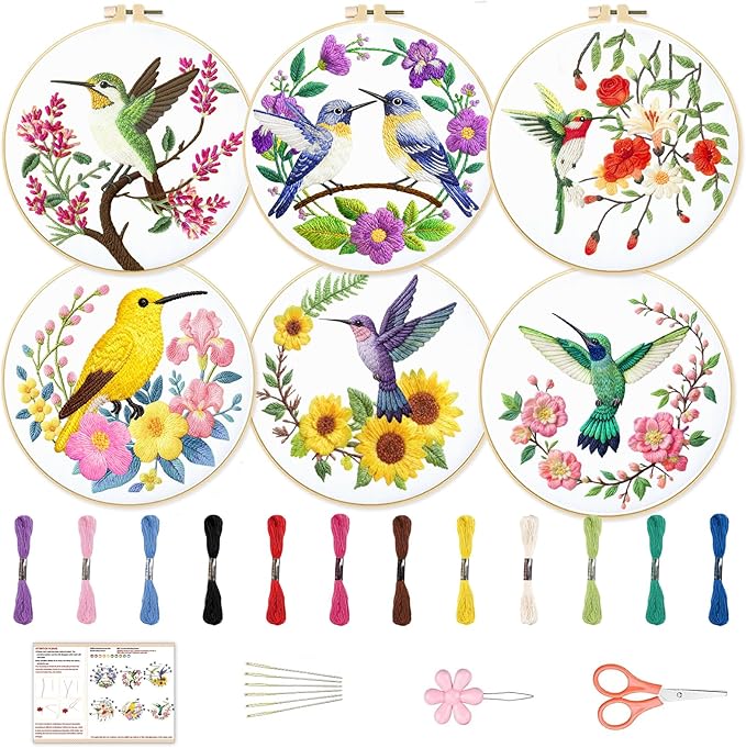 BEUNITONE Hummingbird Embroidery Kit for Adults, 6PC Floral Bird Cross Stitch Set with Colorful Threads, Nature Inspired DIY Artwork, Home Decor Gift for Her