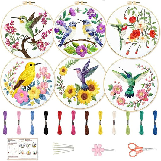 BEUNITONE Hummingbird Embroidery Kit for Adults, 6PC Floral Bird Cross Stitch Set with Colorful Threads, Nature Inspired DIY Artwork, Home Decor Gift for Her