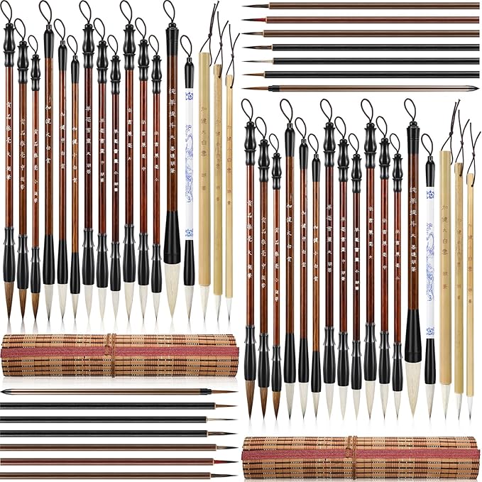 Resurhang 48 Pcs Chinese Calligraphy Brush Set Watercolor Brushes Bulk with Roll up Bamboo Brush Holder Writing Drawing Brushes for Kanji, Japanese Sumi, Drawing, Writing, Painting, Art Supplies