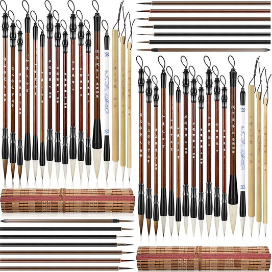 Resurhang 48 Pcs Chinese Calligraphy Brush Set Watercolor Brushes Bulk with Roll up Bamboo Brush Holder Writing Drawing Brushes for Kanji, Japanese Sumi, Drawing, Writing, Painting, Art Supplies