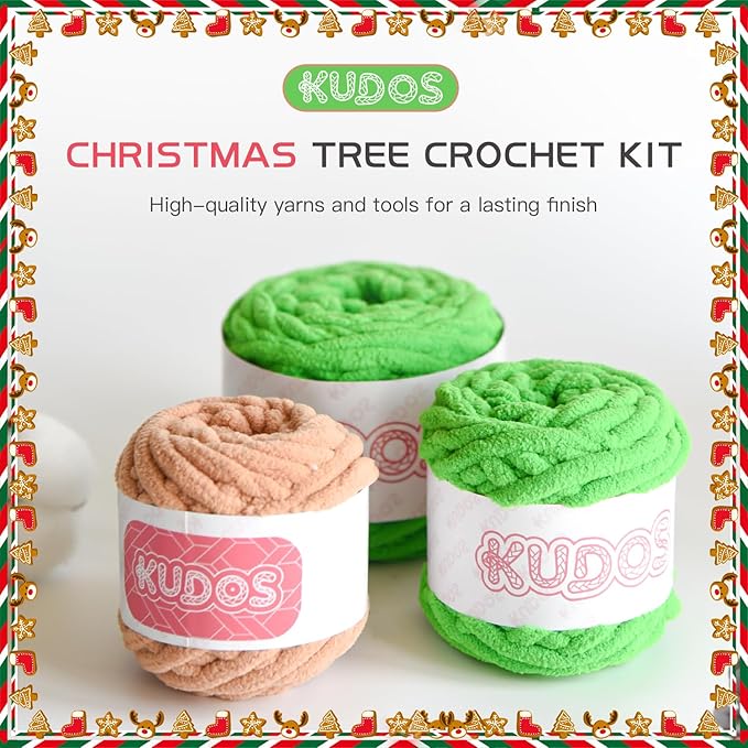 KUDOS Christmas Tree Crochet Kit - Holiday Crochet Set with Christmas Beads and Decorations for Beginners, Crochet Kit with All Accessories & Tutorial, Christmas Crochet for Family