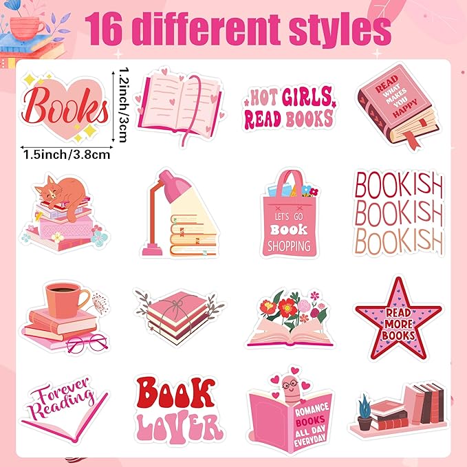 beyumi pink bookish sticker roll - 1000pcs pink bookish stickers in 2 rolls waterproof reading book aesthetic kindle decals gift laptop bottle scrapbook luggage envelope decor for kids girl book lover