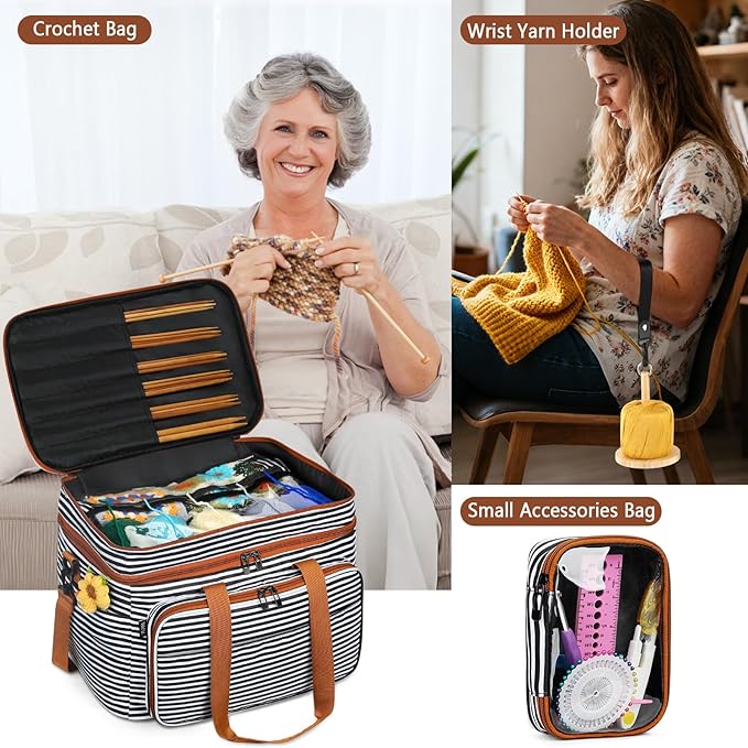 IBFUN 3PCS Crochet Bag with Wrist Yarn Holder, Large Yarn Storage Tote Waterproof Knitting Bag Organizer with Adjustable Strap for Hooks, Needles (Up to 14"), Accessories, Crochet Lovers, Tangle-Free