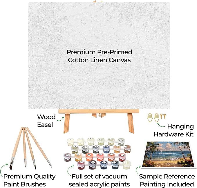 Ledgebay DIY Paint by Numbers Kit for Adults Framed Canvas: Beginner to Advanced Paint by Numbers Kit, Kits Include Acrylic Paint Set Brushes Tabletop Easel (Seaside Paradise 16" x 20" Framed)