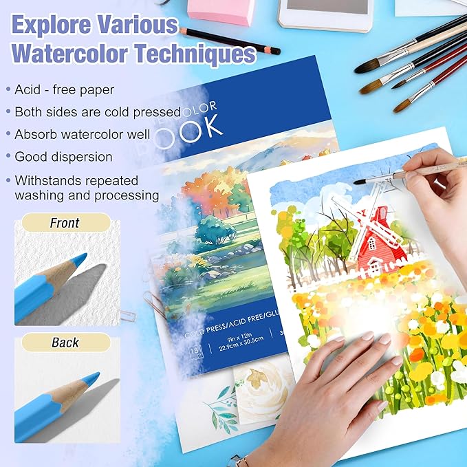 Watercolor Paper Pad 9"x12" (140lb/300gsm) - Acid-Free Artist Sketchbook| Cold-Pressed Heavyweight Water Color Paper for Adults, Kids & Beginners - Ideal for Watercolors, Mixed Media & Crafts (Blue)