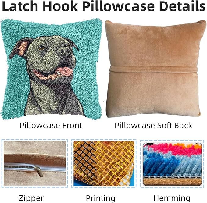 DIY Latch Hook Pillow Kits for Adults Cartoon Pitbull Dog Printed Pillowcase Crochet Yarns Hooking Handmade Pillow Cover Cushion for Home Sofa Decoration 17x17inch-9