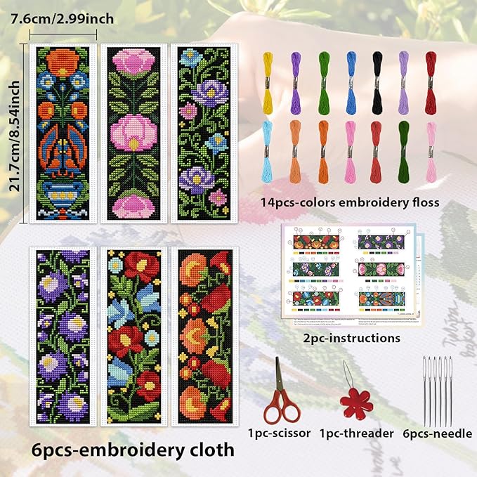 ACRNIGHEET 6PCS Cross Stitch Kits Stamped Cross Stitch Bookmark Kit for Beginner Adults Easy Flower DIY Embroidery Bookmark Kit Needlepoint Kits with Instructions Book Lovers Craft Gift 8.5''x3'' 11CT
