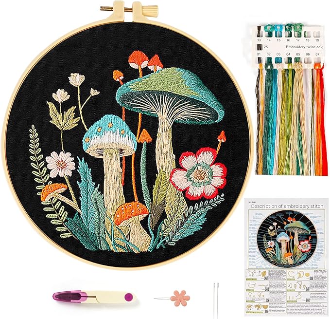 Mushroom Embroidery Kit for Beginners Adults, Stamped Hand Embroidery Kit, Embroidery Starter Kit with Floral and Mushroom Design, Cross Stitch Kits with Printed Embroidery Cloth and Embroidery Tools