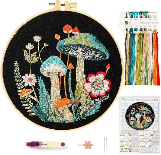 Mushroom Embroidery Kit for Beginners Adults, Stamped Hand Embroidery Kit, Embroidery Starter Kit with Floral and Mushroom Design, Cross Stitch Kits with Printed Embroidery Cloth and Embroidery Tools