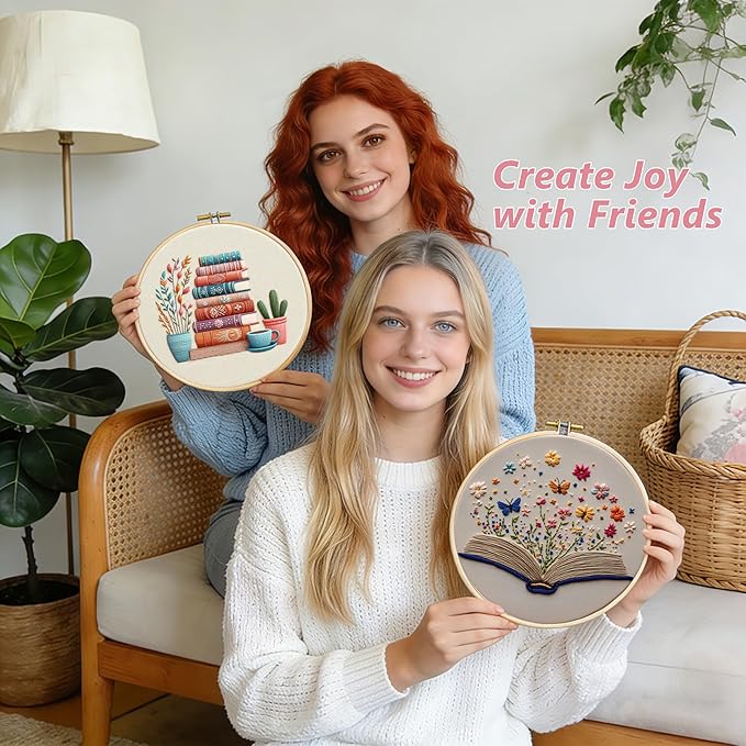 Embroidery Kit for Adults, Pre-Stamped Pattern Embroidery Kit for Beginners, DIY Hand Needlepoint Starter Kit with Hoop Thread Needle Instruction, 7.87'' Hoop (Book Lover 3 Packs)
