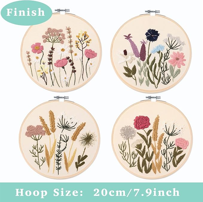 reewisly embroidery kit for beginners 4 sets, hand diy cross stitch kits,2 pcs embroidery hoop,4 pcs plants flowers embroidery patterns and threads,easy for the embroidery beginners to learn…