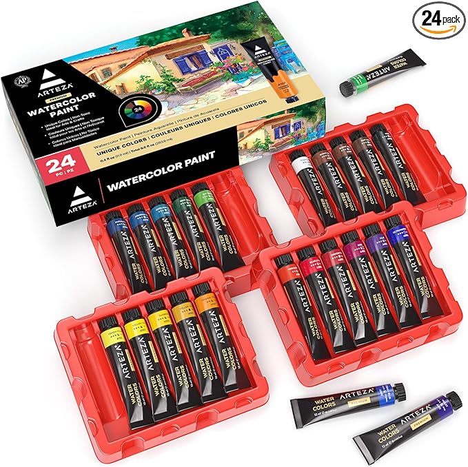 ARTEZA Watercolor Paint Set, 24 Colors, 12 ml / 0.4 fl oz Tubes, Highly Pigmented Watercolor Paints for Washes, Layering, Blending, and Everyday Watercolor Techniques