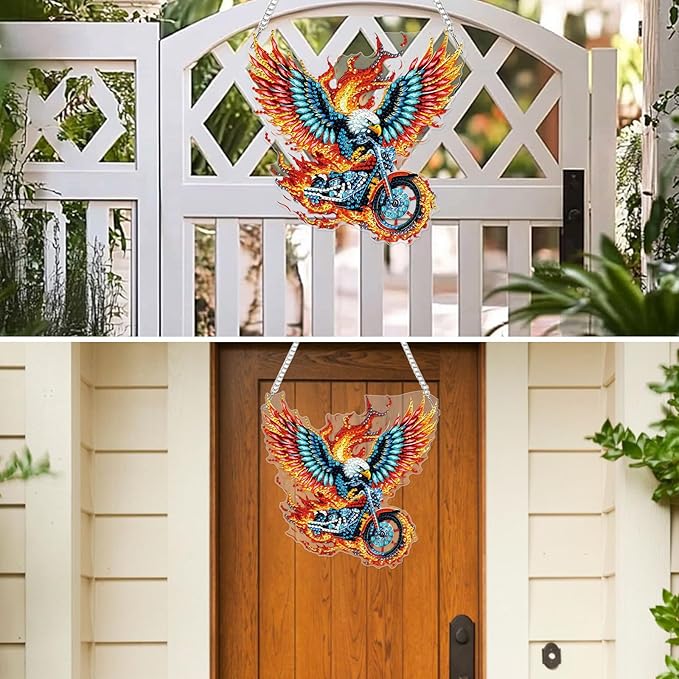 MXJSUA Eagle Motorcycle Diamond Painting Art Window Suncatchers, Diamond Art Kits for Adults Hanging Ornaments with Chain, 5D Special Shape Crystal Diamond Pendant Accessories for Decor Gift