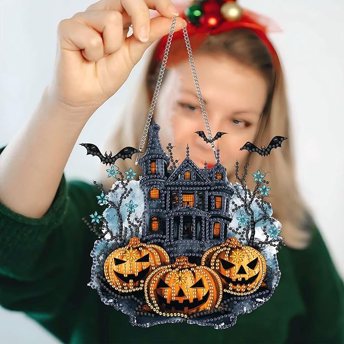 Pavemlo Hanging Diamond Art Kits for Adults Halloween Pumpkin – 8x8Inch Double-Sided Acrylic Board DIY Crystal Diamond Suncatcher Pendant, Sparkling Home Wall or Window Decoration Handmade Gift
